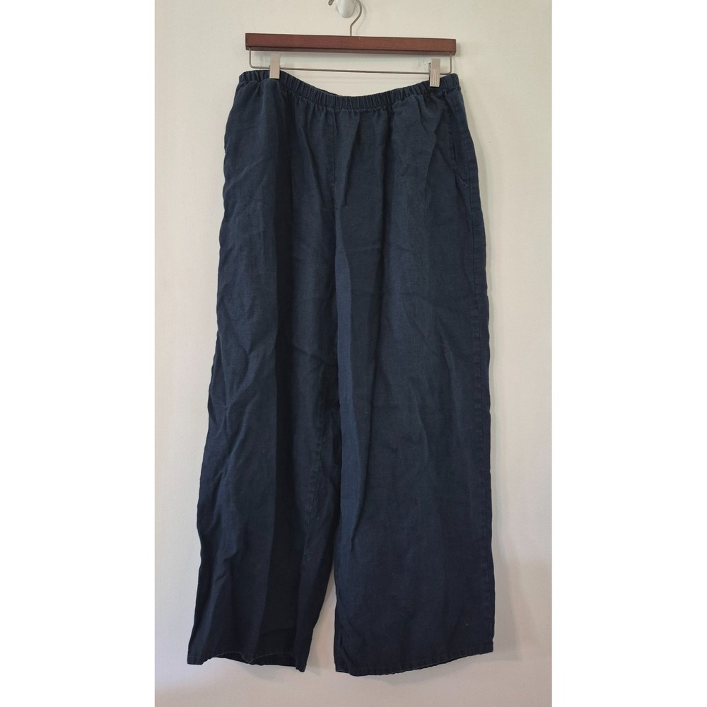 FLAX 100% Linen Women's Sz L Wide Leg Pants Elastic Waist Pull On Lagenlook Boho